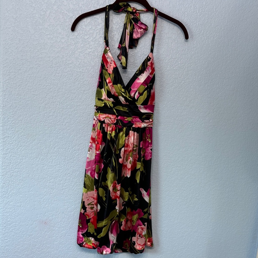 Trixxi Black Pink Green Floral Halter Fit & Flare Dress Bubble Hemline Size S